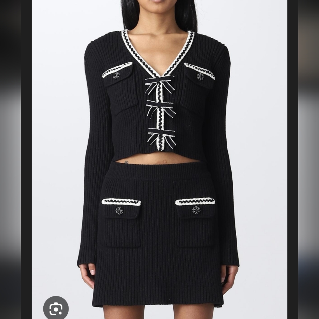 Self-Portrait Black And White Ribbed Bow Sweater And Skirt Set Size Small
